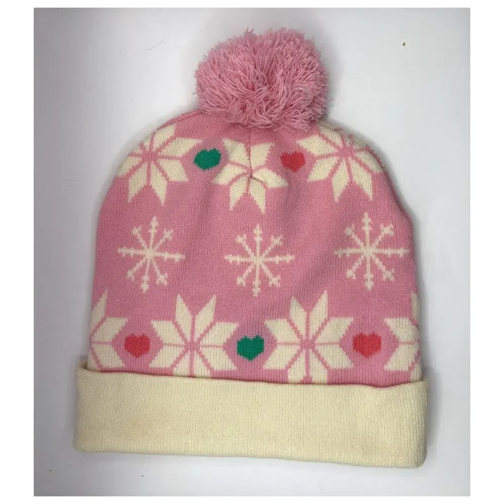 Hello Kitty Holiday Beanie Pink Snowflake Santa Pom Pom Hat NWT